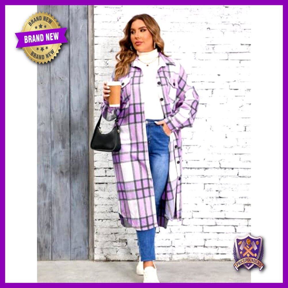 Plus Size Long Flannel Shacket Jacket Oversized Button Down with Pockets - Picture 5 of 6